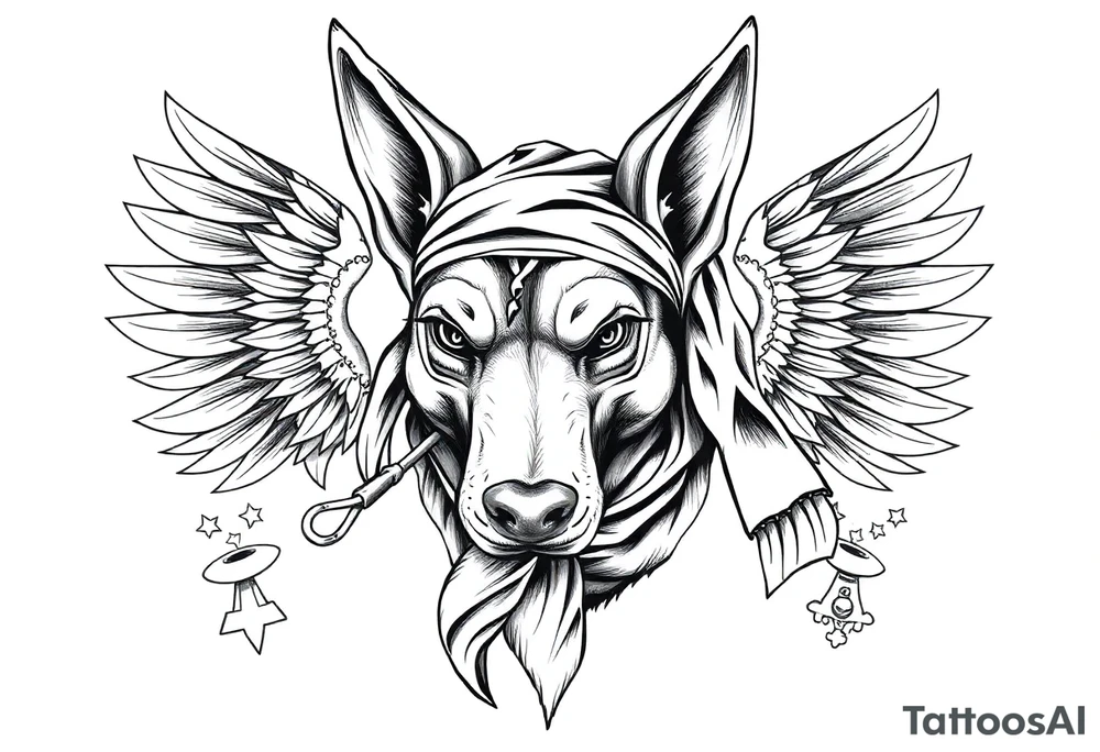 Egyptian Anubis god face muscle in Egypt style  with scarf on head

dog face surrounded Egyptian symbols based on elements tattoo idea