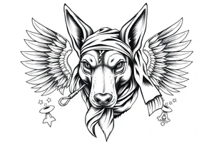 Egyptian Anubis god face muscle in Egypt style  with scarf on head

dog face surrounded Egyptian symbols based on elements tattoo idea