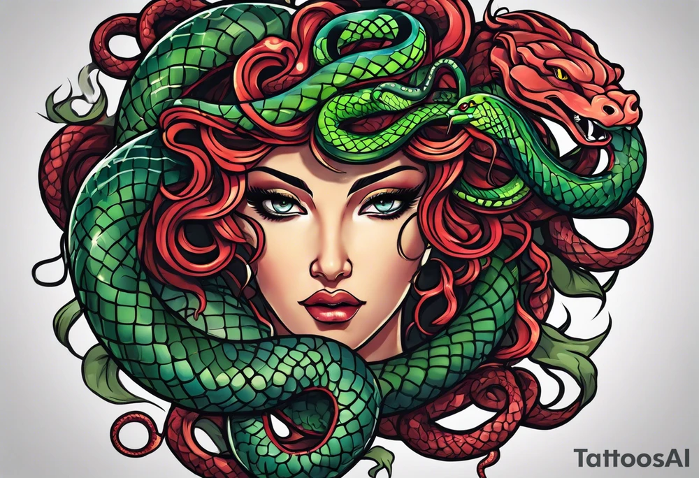 Neo traditional Medusa heads with snakes eating man's heart tattoo idea