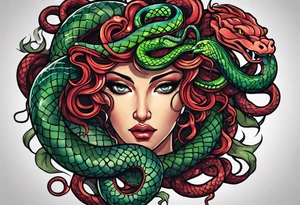 Neo traditional Medusa heads with snakes eating man's heart tattoo idea