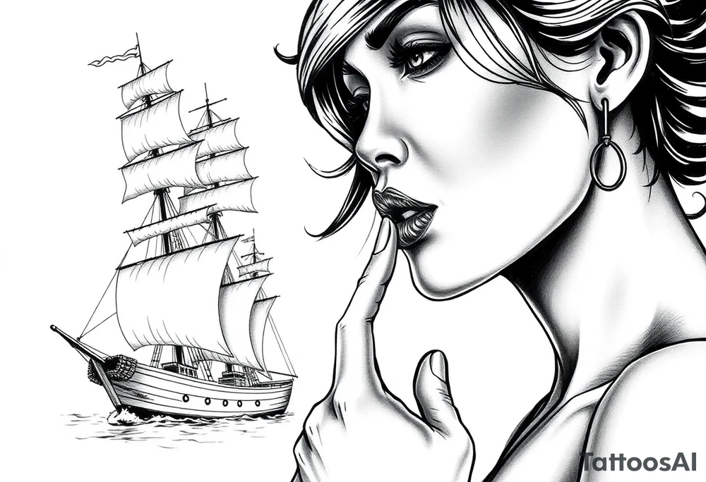 Old school ship and a realistic portrait of sexualised woman with her finger to her lips. Must say: Loose lips sink ships tattoo idea