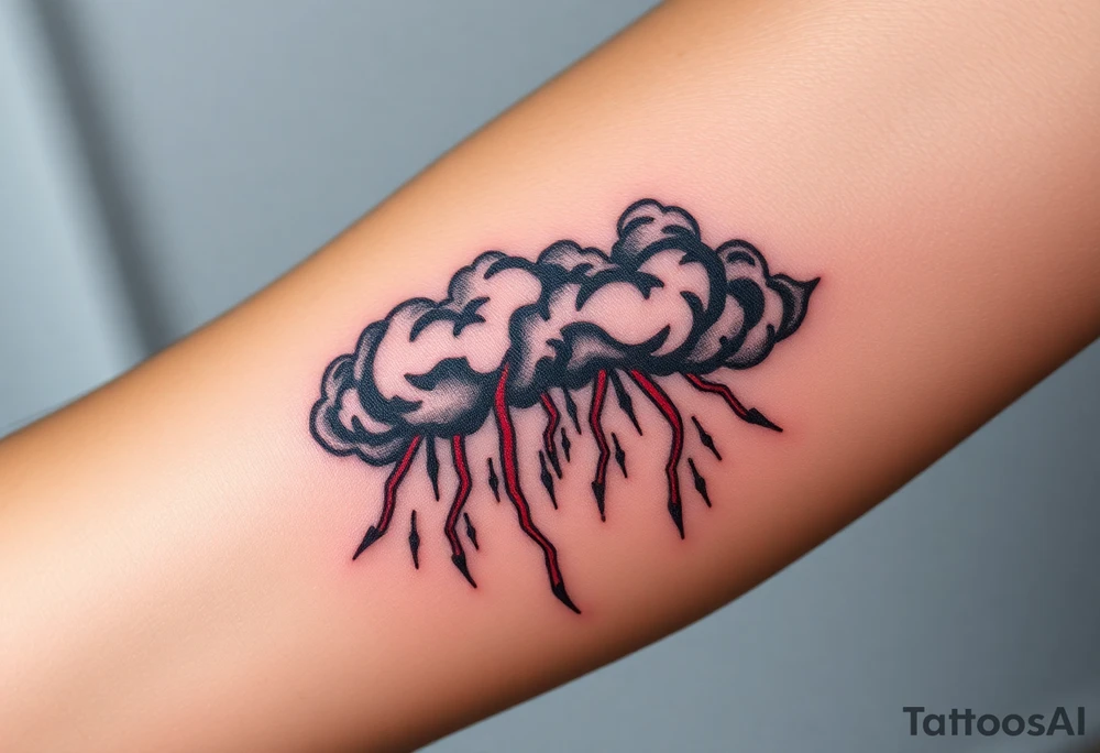 Dark, black menacing storm clouds with creepy red bolts of lightning & heavy rain coming down tattoo idea