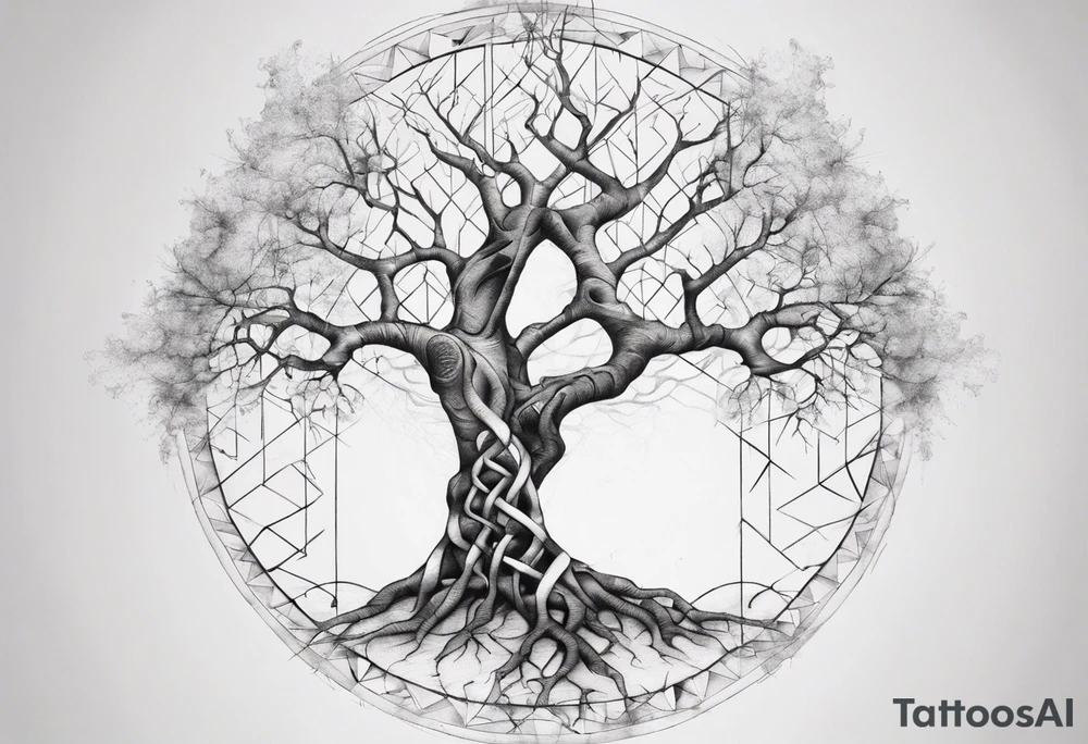 Tree with no leaves with it's main trunk main of DNA with geometic work on sides tattoo idea Tree with no leaves with it's main trunk main of DNA with geometic work on sides tattoo idea