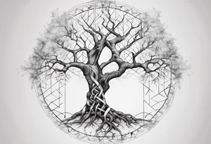 Tree with no leaves with it's main trunk main of DNA with geometic work on sides tattoo idea