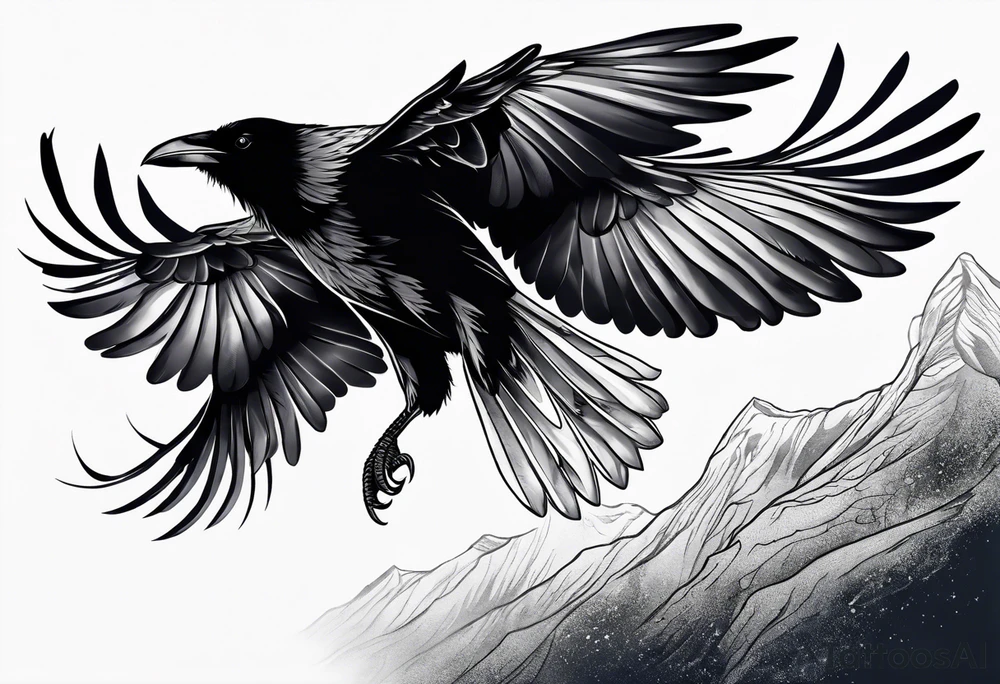 raven in flight from the back tattoo idea
