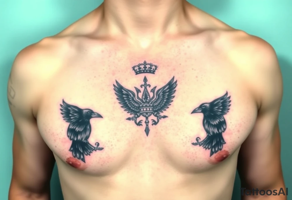 Chest tattoo, two ravens and icelandic symbols, dark brest tattoo, crown betwen ravens tattoo idea