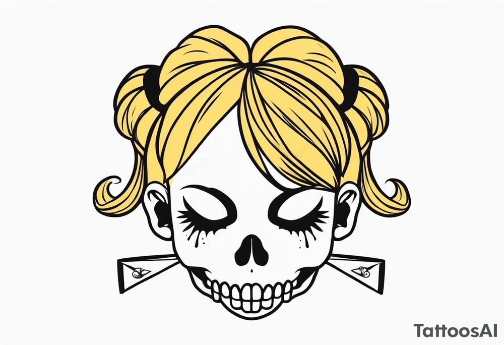 feminine skull and cross bones with hair in two blonde pigtails tattoo idea