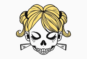 feminine skull and cross bones with hair in two blonde pigtails tattoo idea