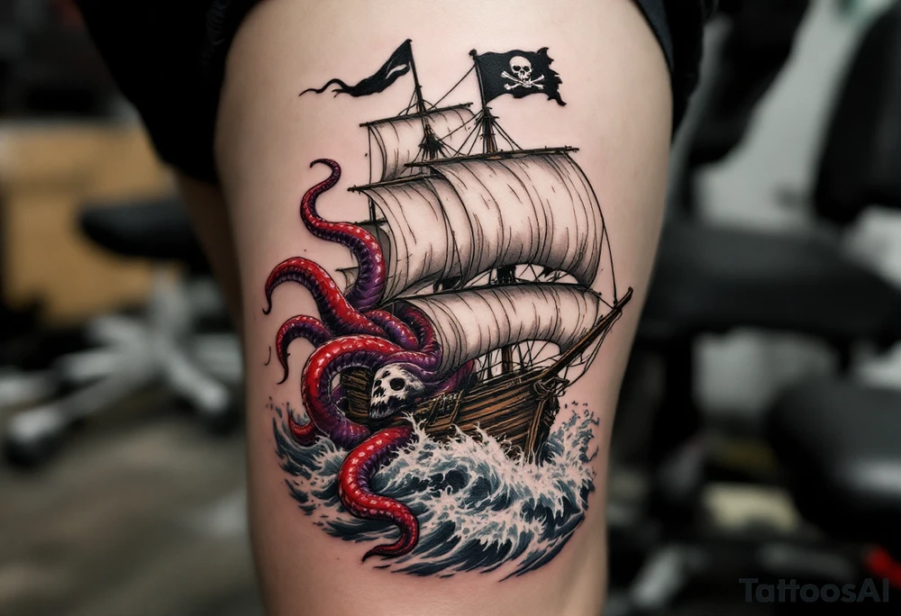 Kraken’s Wrath – A wooden pirate ship in the midst of a stormy sea, being dragged into the depths by massive red and purple tentacles. The skull-shaped waves crash against the hull, while a torn black Jolly Roger flag flaps in the wind. tattoo idea