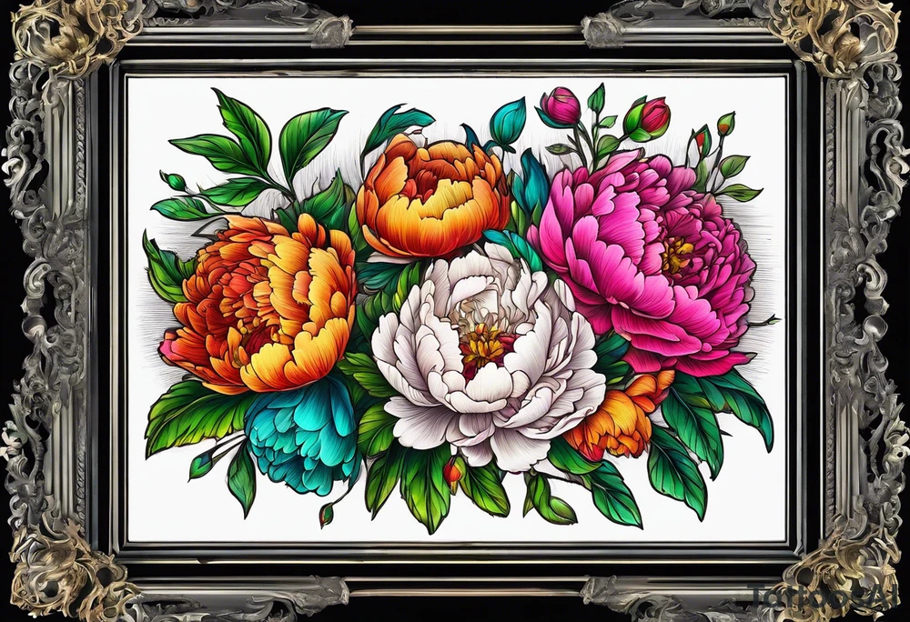 neon colorful peonies,neon colored, surrounding on the outside of a empty beautiful intricate victorian style picture frame with filigree tattoo idea