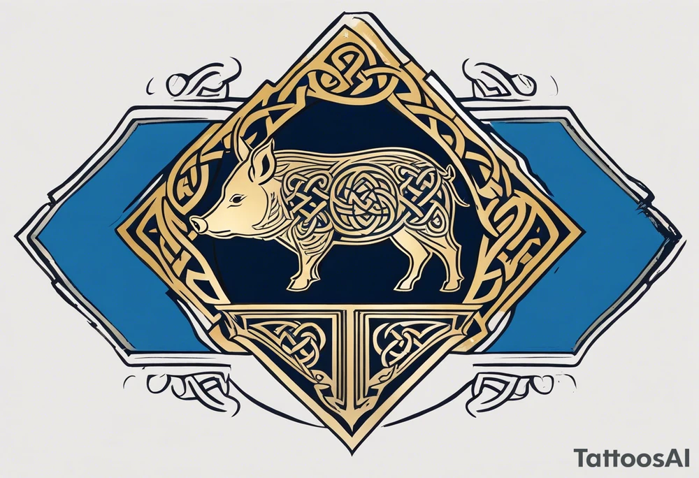 Side profile, Celtic, tribal, wild boar, On a Chatwin family crest with blue background, two gold stars, and a gold Chevron, and a Thistle tattoo idea