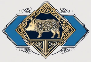 Side profile, Celtic, tribal, wild boar, On a Chatwin family crest with blue background, two gold stars, and a gold Chevron, and a Thistle tattoo idea