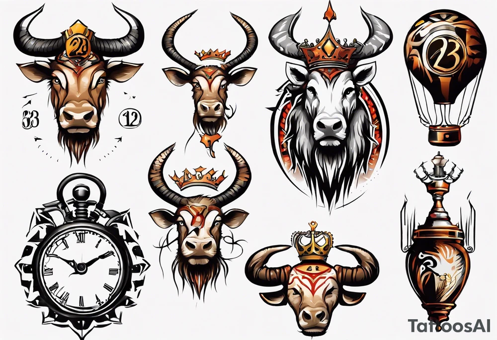 Ballon de foot avec le numéro23 ,  une horloge avec une couronne,  le tout avec au fond un taureau tattoo idea
