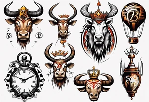Ballon de foot avec le numéro23 ,  une horloge avec une couronne,  le tout avec au fond un taureau tattoo idea