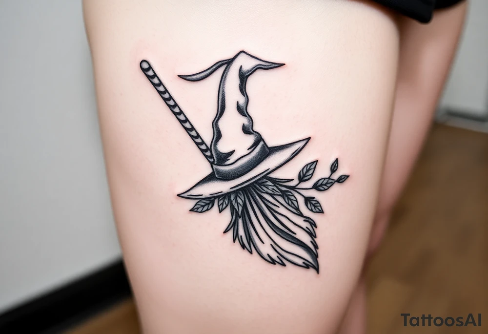 Which is broom with handle
 a witches hat with leaves tattoo idea