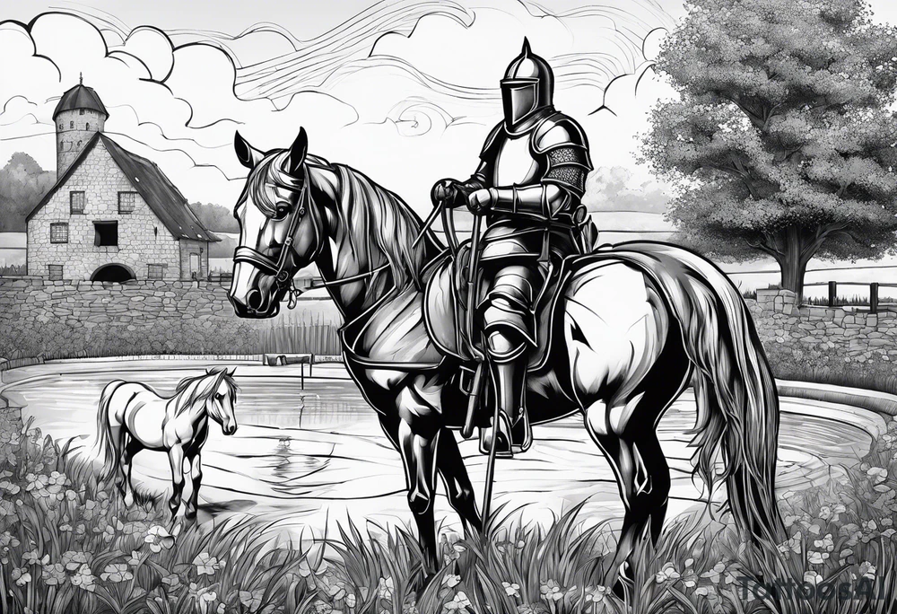 a knight kneeling with an old farm in the background and horses in the netherlands and a swimmingpool and an airfryer tattoo idea