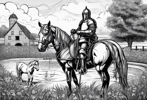 a knight kneeling with an old farm in the background and horses in the netherlands and a swimmingpool and an airfryer tattoo idea