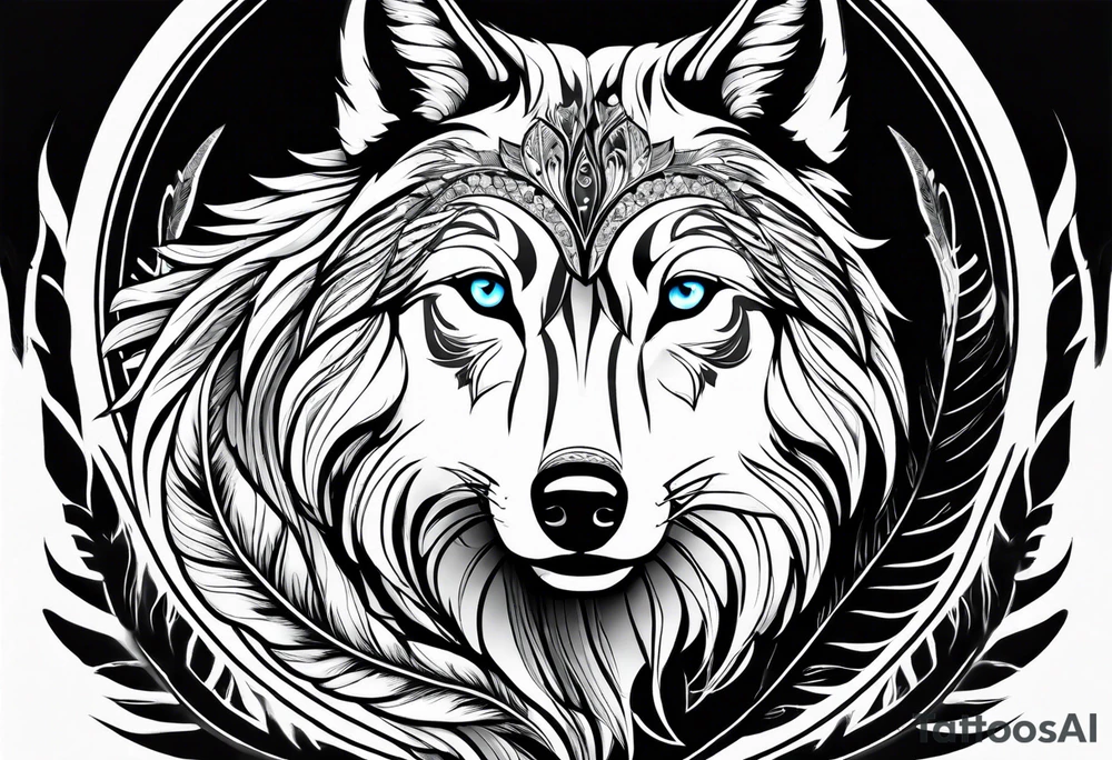 indian, wolf, feathers, water, nature tattoo idea