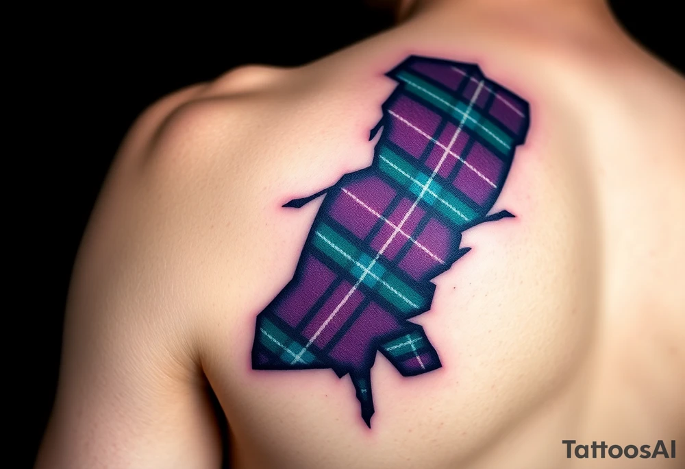 Dark Purple with green pink blue and white highlights tartan fabric on bicep with skin ripping away to reveal tartan underneath tattoo idea