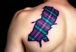 Dark Purple with green pink blue and white highlights tartan fabric on bicep with skin ripping away to reveal tartan underneath tattoo idea