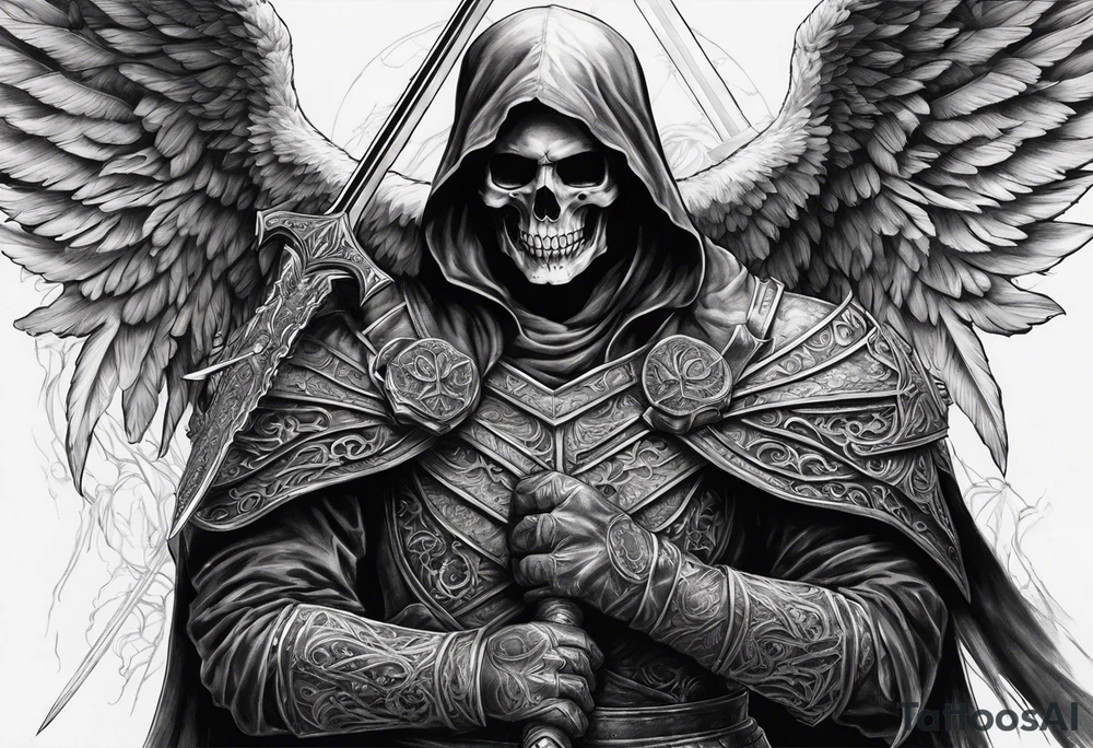 realistic angel of death, man, full body, no face visible, holding one sword in both hands, two hands on the sword, sword pointing downwards, skulls lying on the ground tattoo idea