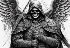 realistic angel of death, man, full body, no face visible, holding one sword in both hands, two hands on the sword, sword pointing downwards, skulls lying on the ground tattoo idea
