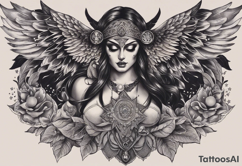 black kali, goddess pirate, alien, angel, pachamama, valkrye, warrior, flying, skull, lotus azul, wing, eagle, zenza resonance, stars, 5D, anahata chakra, death, durga, riding on a tiger, flying lady, kundalini, chest tatoo tattoo idea