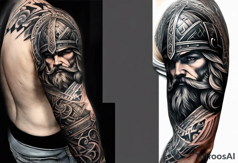 cool viking themed sleave on whole right arm tattoo idea