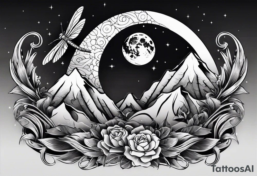 Mexican dragon fly ring over a mountain and around the moon arms sleeve tattoo idea