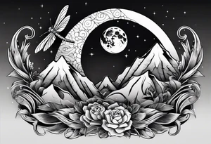 Mexican dragon fly ring over a mountain and around the moon arms sleeve tattoo idea