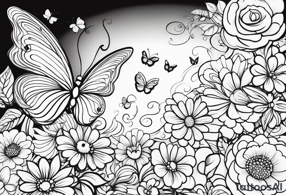 Butterflies flying around trail of flowers tattoo idea