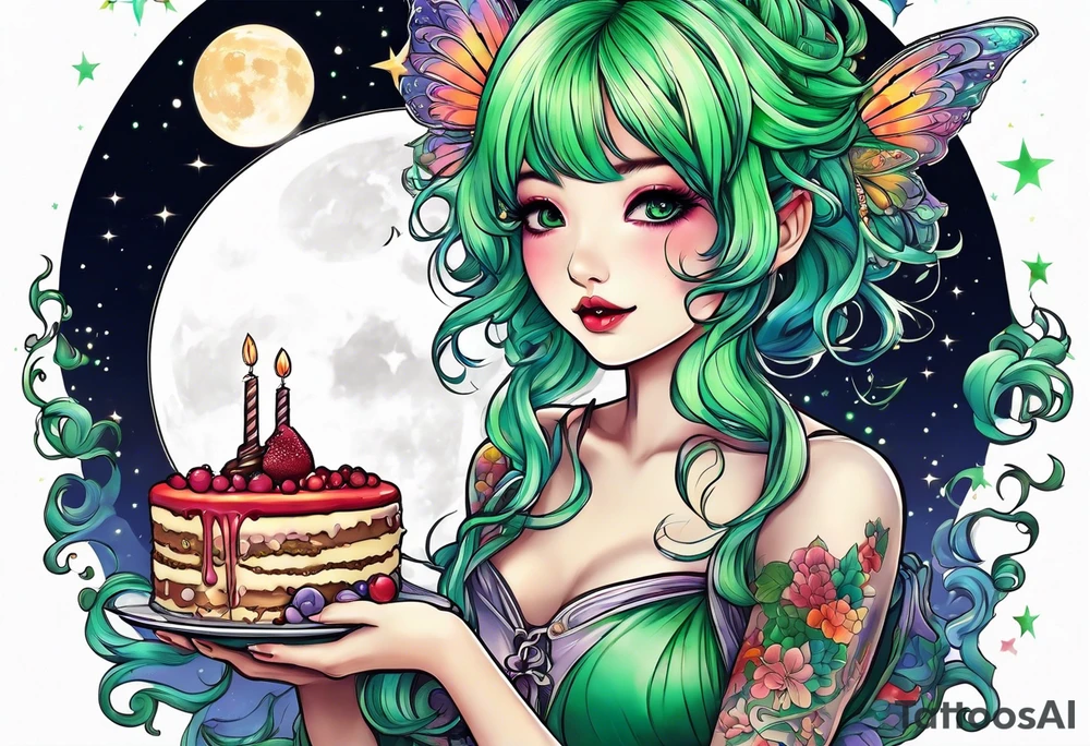 fairy with green hair, eating cake under the moon, tripping balls tattoo idea