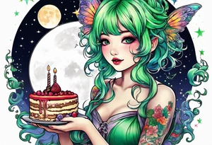 fairy with green hair, eating cake under the moon, tripping balls tattoo idea
