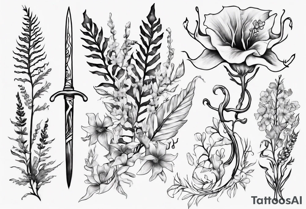 Swordfern, bull kelp and flowers that represent the pacific Northwest tattoo idea