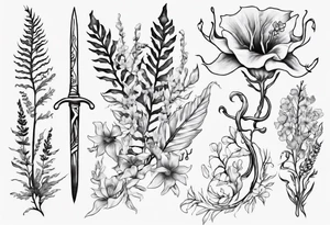 Swordfern, bull kelp and flowers that represent the pacific Northwest tattoo idea