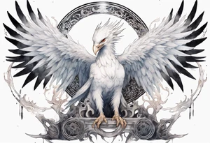 a white phoenix wearing iron halo, perched on a throne tattoo idea