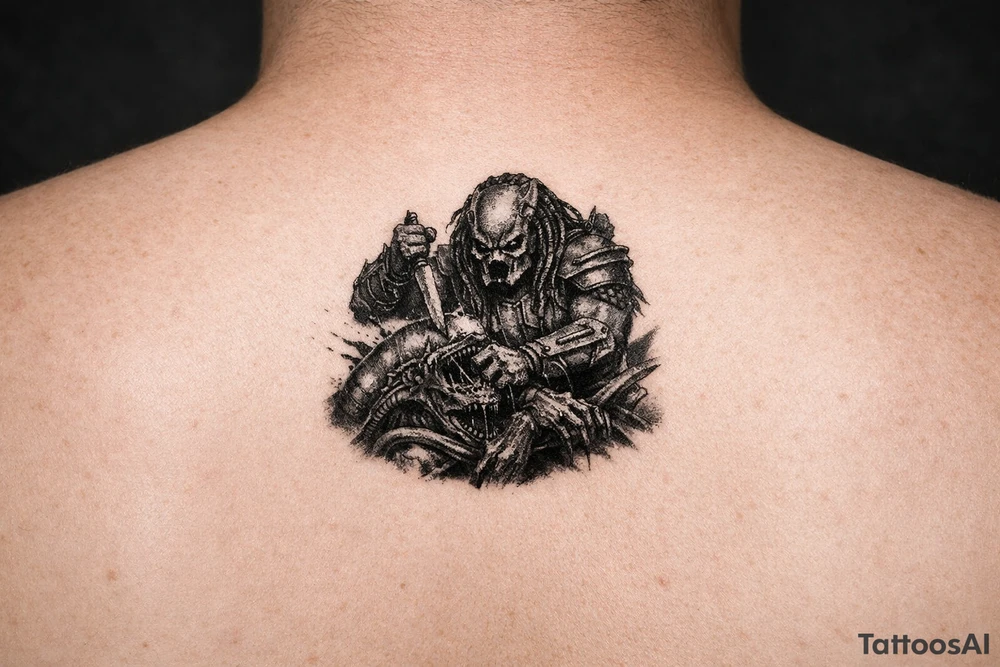 predator (from the movie) killing an alien on the forearm tattoo tattoo idea