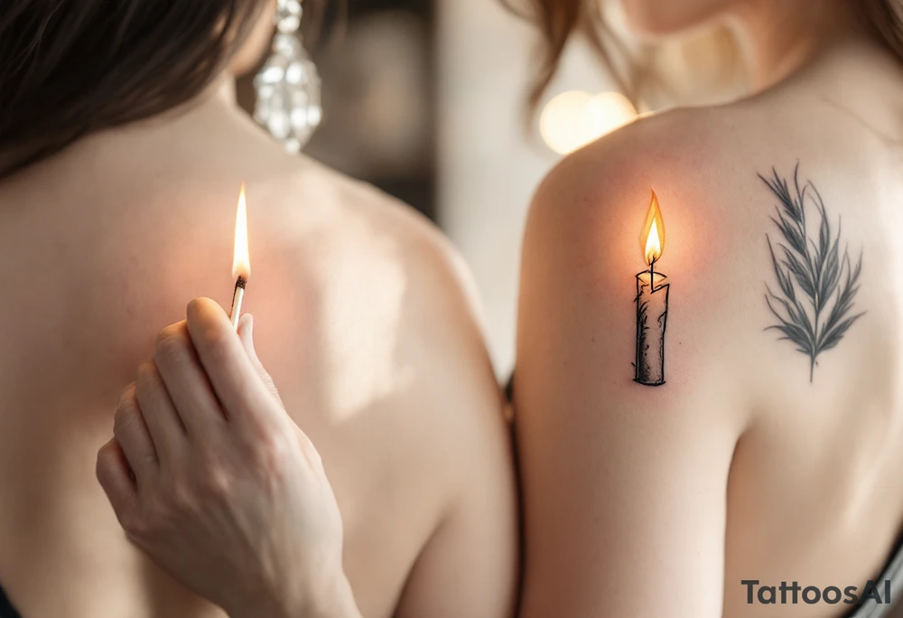 One wears a burning match in red and gold, and the other the lit candle it touches, showing how they ignite each other’s flame. tattoo idea