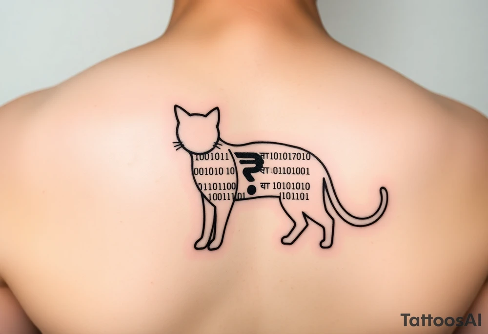 "Minimalist black tattoo of a quantum cat. Design elements:  
1. Outline made of binary code (alternating 0 and 1, crisp 1.5mm lines)  
2. Negative space inside body reveals hidden Sanskrit text ('अवलोकन न करें') when tilted  
3. Tail curves into a question mark  

Technical specs:  
- Pure black ink  
- Size: 8x5cm (forearm placement)  
- Style: geometric dotwork with optical illusion  

Philosophical hook: 'The cat only exists when unobserved'" tattoo idea