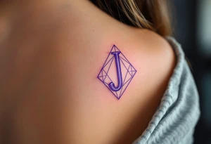 Sharp geometric "J" in purple with sleek, modern lines and cyan shadows. tattoo idea