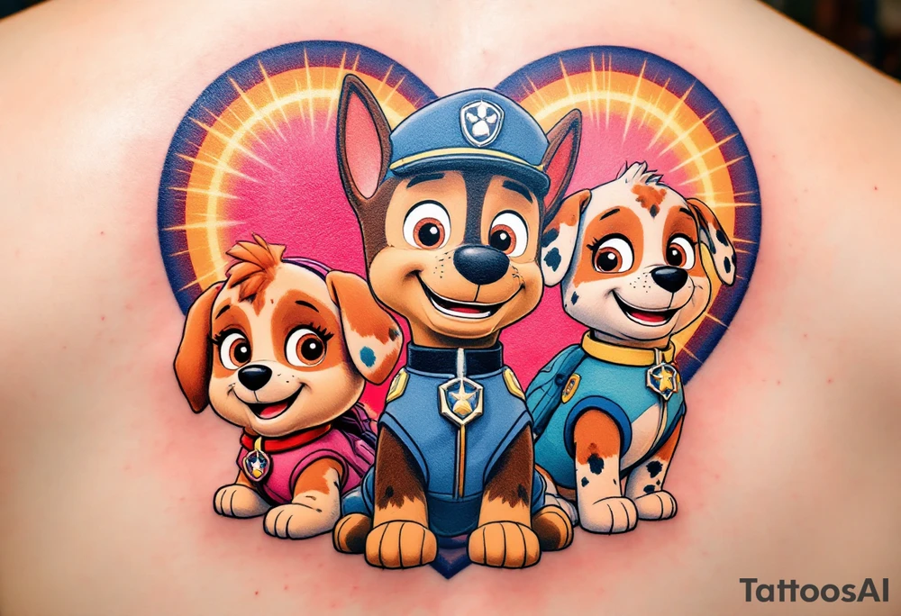 Ryder and the Paw Patrol team in front of a heart-shaped emblem, with each pup’s collar showing their individual colors, while Ryder’s outfit features light blue and beige tones. The heart has a radiant golden glow, symbolizing unity and love. tattoo idea