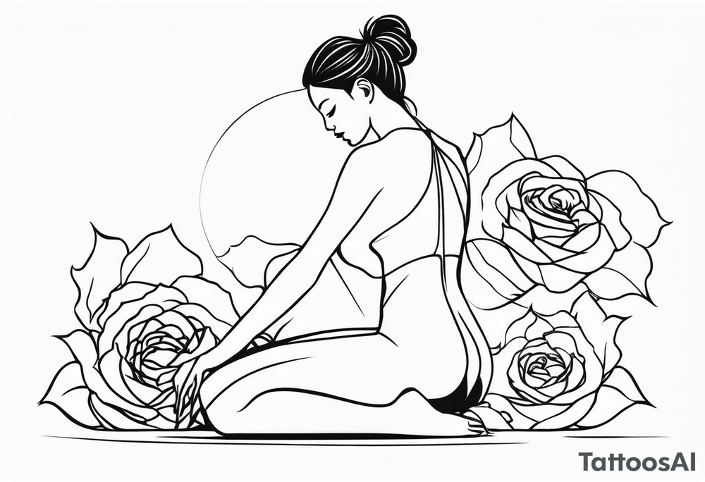 Bloomed rose attached with female body, kneeling tattoo idea