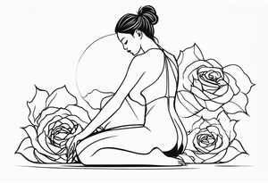 Bloomed rose attached with female body, kneeling tattoo idea