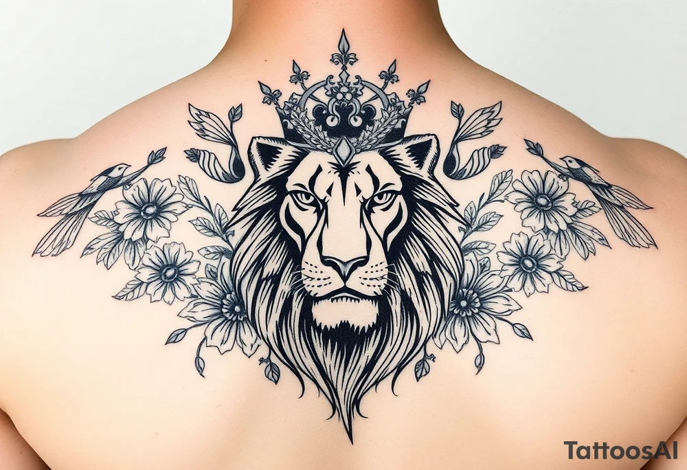powerful majestic lion with a crown, surrounded by floral ornaments and birds tattoo idea