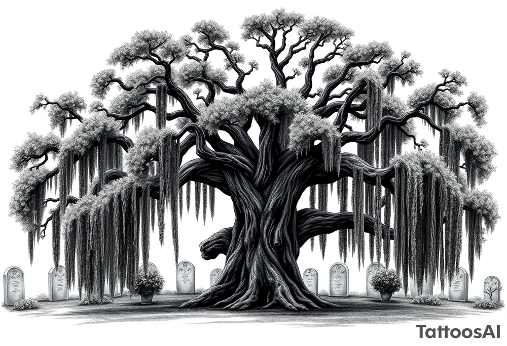 Laurel oak with Spanish moss in a cemetery tattoo idea