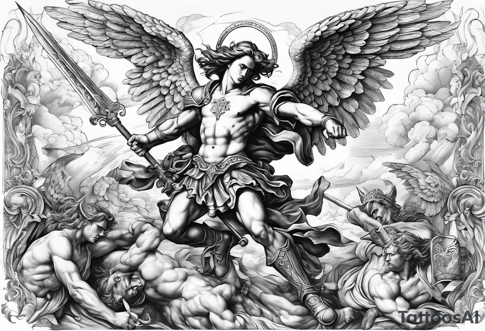 St Michael fighting the devil. Angels and demons are fighting in the background tattoo idea