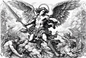 St Michael fighting the devil. Angels and demons are fighting in the background tattoo idea