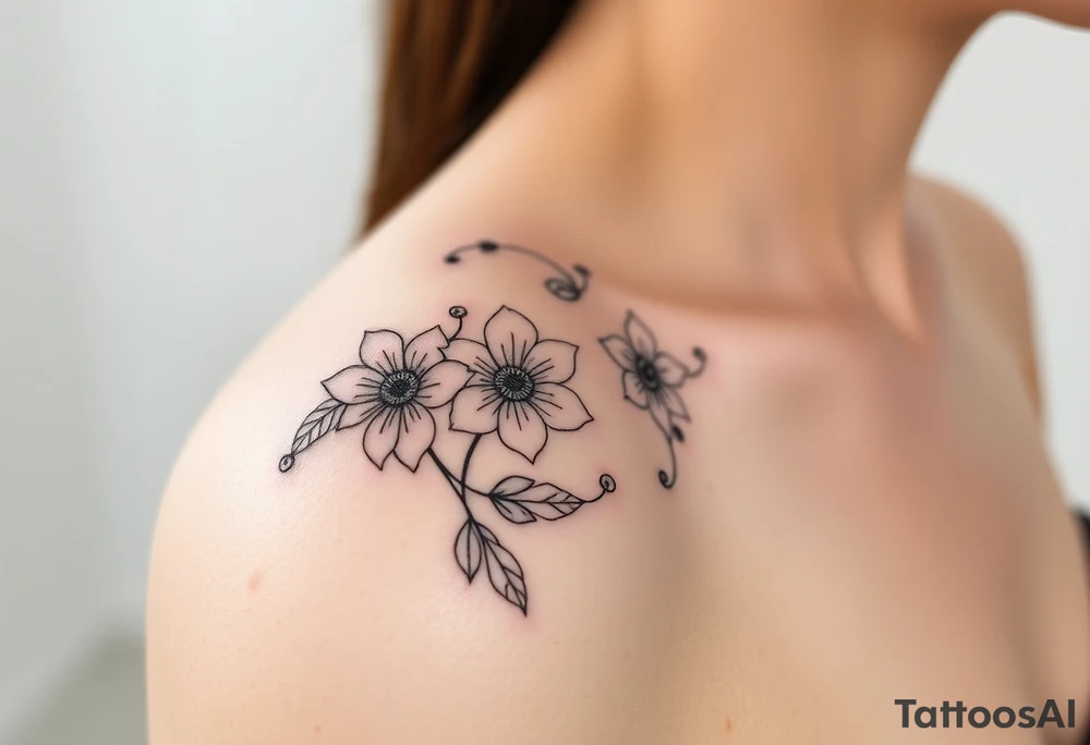 Feminine fine line flowers with eucalyptus tattoo idea