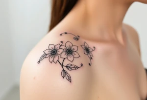 Feminine fine line flowers with eucalyptus tattoo idea