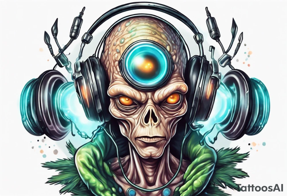 A realistic portrait of an extraterrestrial DJ with a glowing pineal gland tattoo idea
